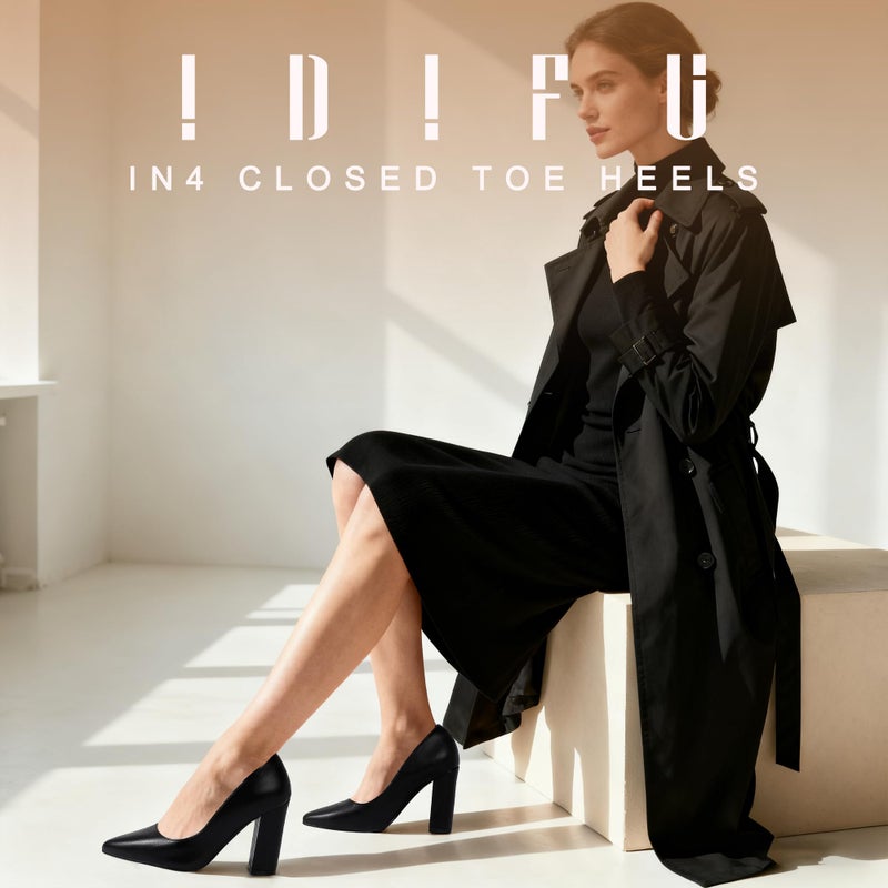 IDIFU Women's IN4 Chunky-HI Block High Heels Closed Pointed Toe Pumps Dress Office Shoes for Women (Black Pu R, Numeric_8) - Image 4