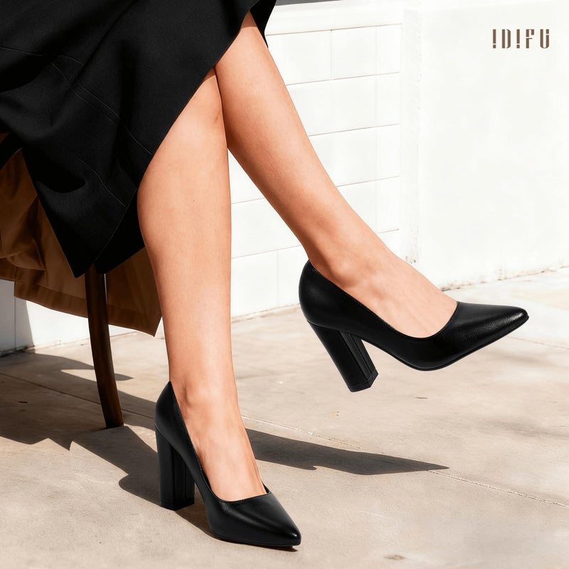 IDIFU Women's IN4 Chunky-HI Block High Heels Closed Pointed Toe Pumps Dress Office Shoes for Women (Black Pu R, Numeric_8) - Image 3