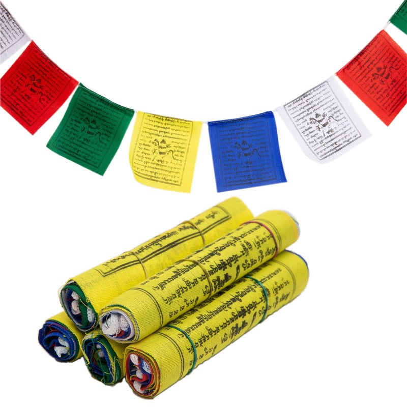 HIMALAYAN BAZAAR Tibetan Prayer Flags 12cm x 12cm - Outdoor Decoration Hand Printed Flags - Printed in Nepal Wind Horse Flag Affirmation - 5 Rolls - Image 1