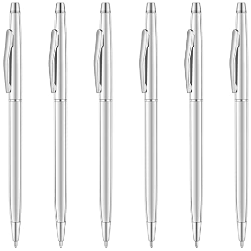 Unibene 6 Pcs Silver Slim Mental Ballpoint Pens Medium Point(1 mm) - Black ink, Nice Gift for Business Office Students Teachers Wedding - Image 1