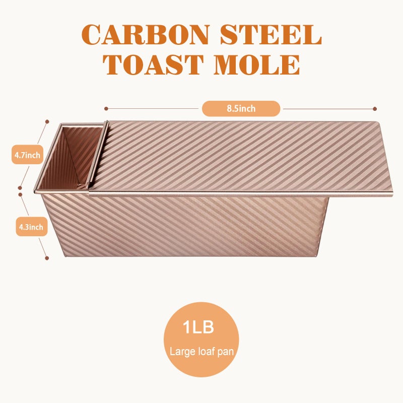 Dipanist Pullman Loaf Pan with Lid, Non-Stick Carbon Steel Bread Pan for Homemade Sandwich & Sourdough Bread, 1lb Dough Capacity, Corrugated Toast Box Mold, Gold - Image 2