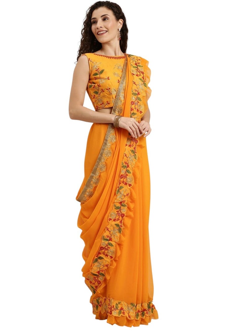 LACOSSI Pure Fancy Georgette Embroidery Saree Rich Pallu Design Lace Zari Work Trendy Special Occassion Wear With Unstitched Blouse Piece (RAGINI554-Teal) (ESA3001SSR1-NEW) - Image 1