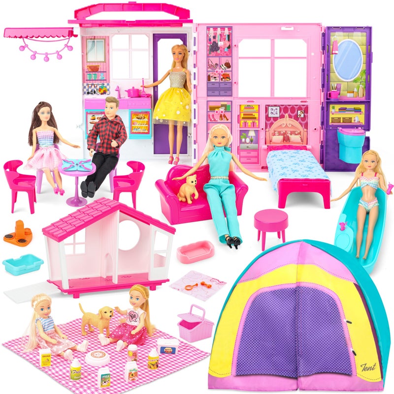 Style Shine Doll House Portable Foldable Dollhouse w 60 Pcs 2 Dolls Play House Toy with Bedroom Kitchen Pet House Camping Playset Playhouse Birthday Gift for Girl Kid Toddler - Image 2