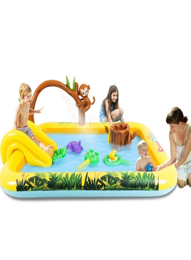 LUKBERA Inflatable Jungle Animal Play Center Outdoor Playhouse Inflatable Water Park with Kid Pool Slide, Sprinkler Toy with Base Pool, Monkey, Tree Stump for Garden Backyard - Image 1
