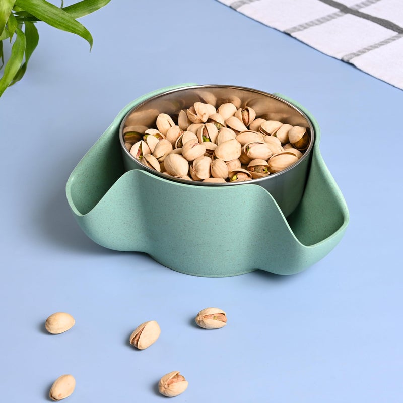 Eha Earth Friendly Double Dish Pistachio Serving Bowls for Snacks| Bowl Set of 1 | 400ml | Made with Rice Husk Biocomposite | Snack Bowls for Serving Dry Fruit Nuts, Candy | Celeste - Image 1