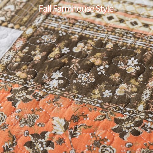 BEDIFANY Cotton Quilts King Size for Farmhouse- Fall Patchwork Bedspread Set - Highly-Woven Soft Reversible King Size Bed Spread for All Seasons (Floral Orange) 3 Pieces - Image 5