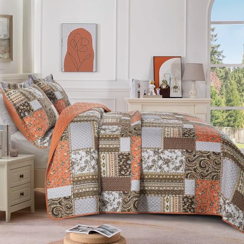 BEDIFANY Cotton Quilts King Size for Farmhouse- Fall Patchwork Bedspread Set - Highly-Woven Soft Reversible King Size Bed Spread for All Seasons (Floral Orange) 3 Pieces - Image 3