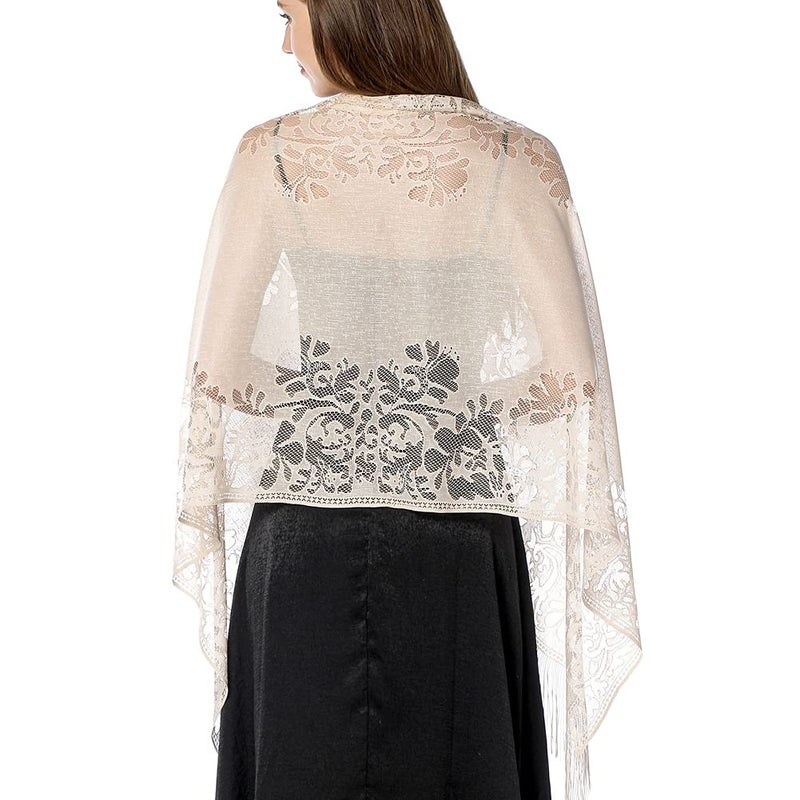 Ladiery Women's Floral Lace Shawl with Tassels, Soft Mesh Fringe Wraps for Wedding Evening Party Dresses - Image 2