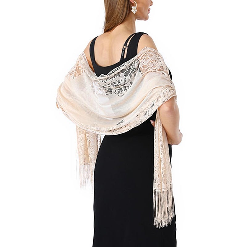 Ladiery Women's Floral Lace Shawl with Tassels, Soft Mesh Fringe Wraps for Wedding Evening Party Dresses - Image 4