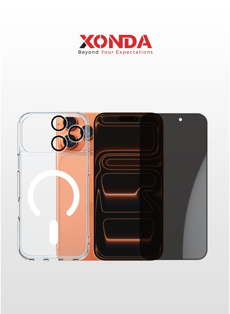 Xonda Elite 3-in-1 protection package for iPhone 17 Pro - anti-yellowing transparent MagSafe cover, shatter-resistant privacy screen protection, high-definition camera lens protection. - Image 1