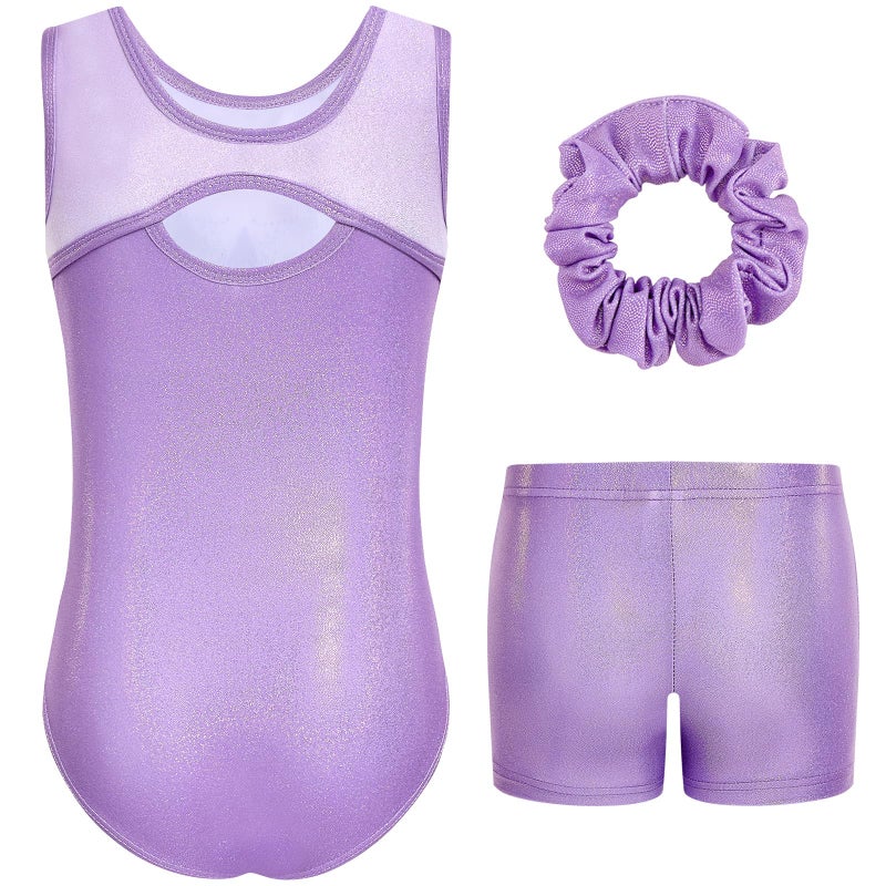 Gogokids Gymnastics Leotards for Girls Sparkly Rhinestone Dance Unitards Biketards with Shorts Activewear, Purple Geometric, 11-12 Years - Image 2
