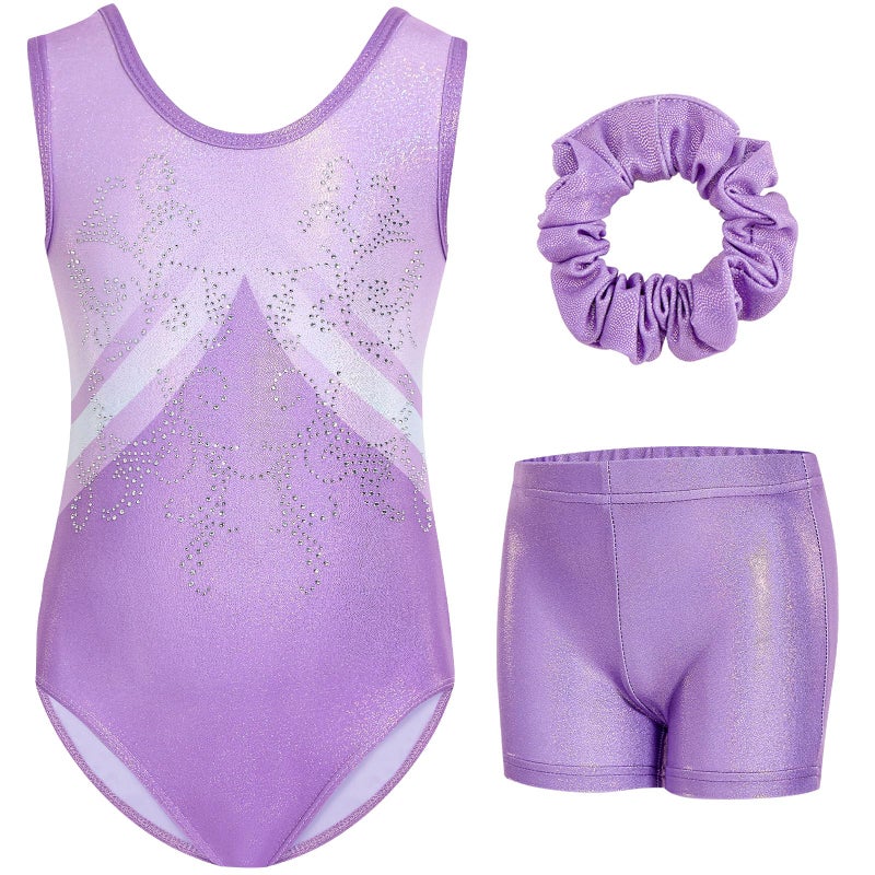 Gogokids Gymnastics Leotards for Girls Sparkly Rhinestone Dance Unitards Biketards with Shorts Activewear, Purple Geometric, 11-12 Years - Image 1