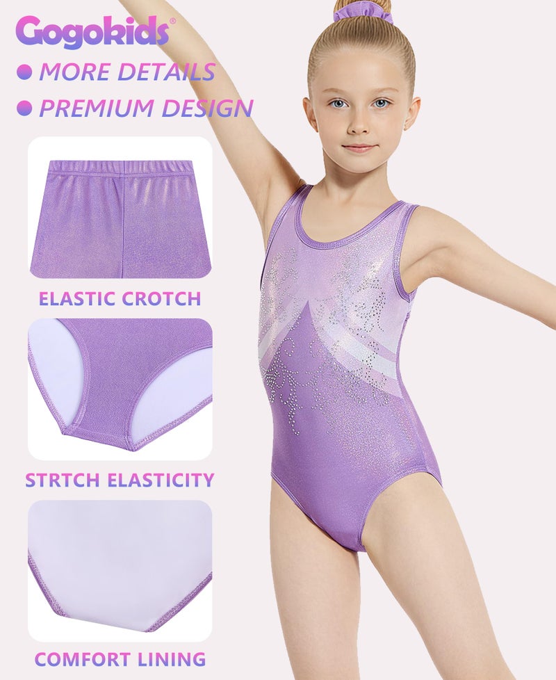 Gogokids Gymnastics Leotards for Girls Sparkly Rhinestone Dance Unitards Biketards with Shorts Activewear, Purple Geometric, 11-12 Years - Image 5