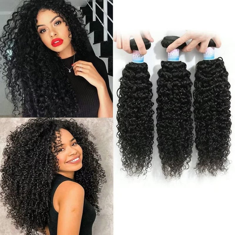 EMOL Hair Hair Extensions 3 Kinky Curly Bundles 14 Human Hair Full Head Natural Black Weave Virgin Can Be Dyed 300g 3 Bundles