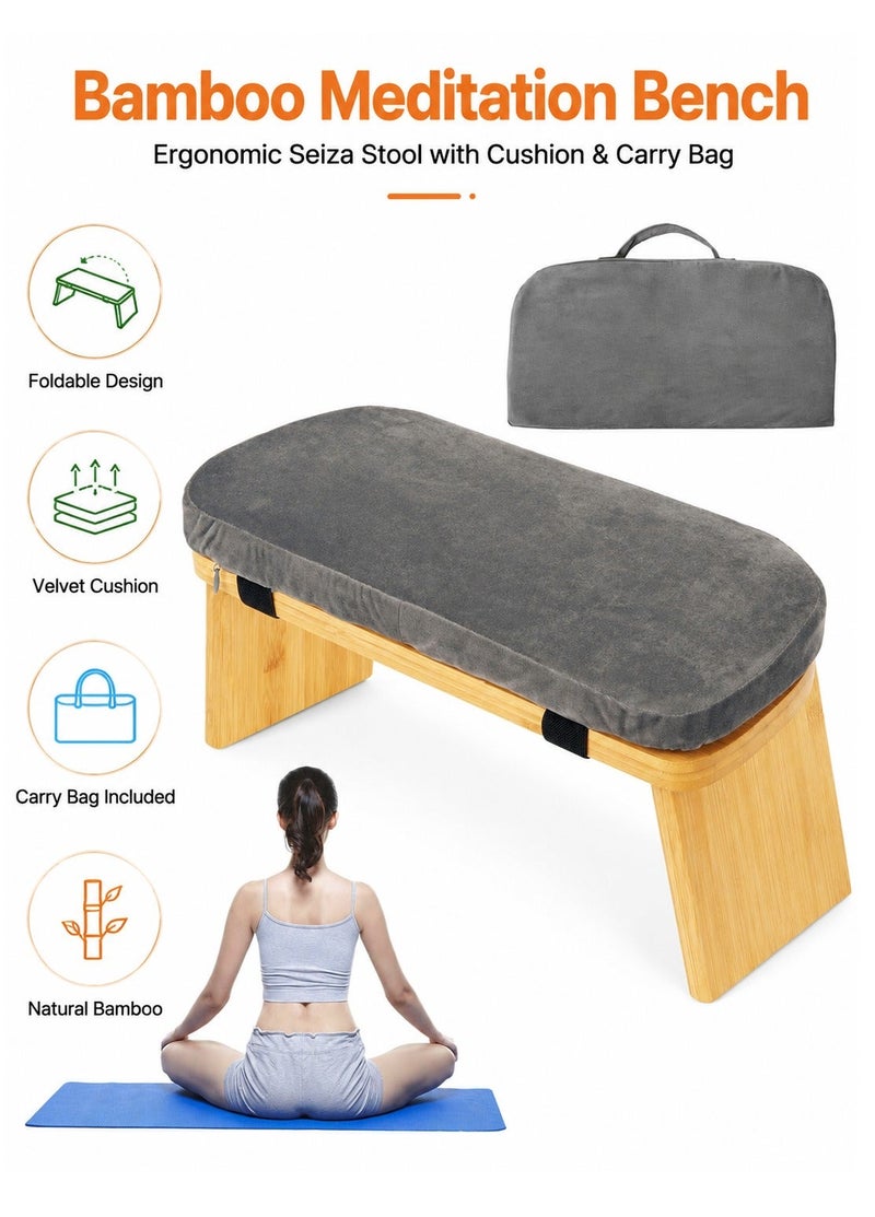 WALALLA Foldable Bamboo Prayer & Meditation Bench with 3 cm Velvet Cushion and Carry Bag, Ergonomic Seiza Kneeling Stool for Prayer, Yoga and Mindfulness - Image 1