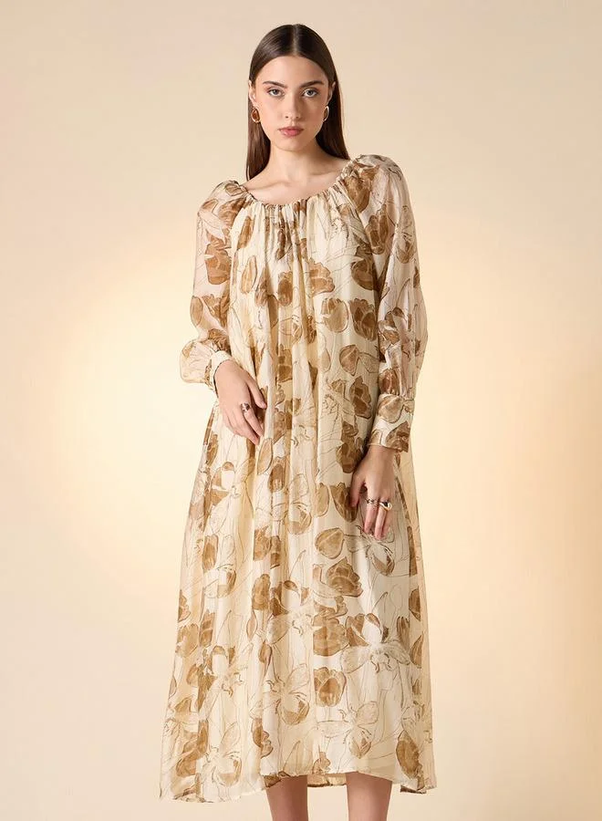 Iconic Iconic Floral Print Trapeze Dress with Long Sleeves