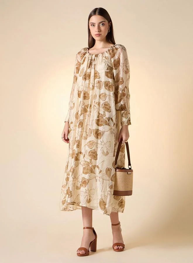 Iconic Iconic Floral Print Trapeze Dress with Long Sleeves
