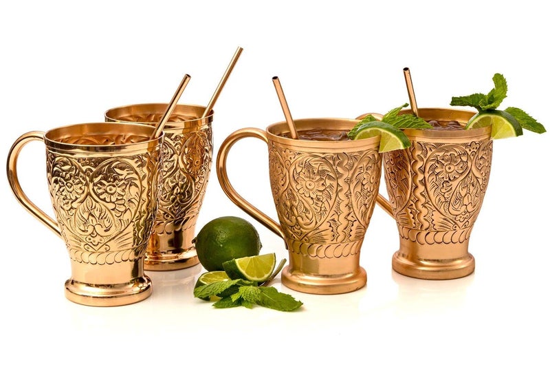 Kamojo Kamojo Moscow Mule Pure Copper Mugs  Embossed Set with 4 Matching Shot Glasses  Copper Straws for Cocktails  Recipe Ebook Exclusive set of 4 