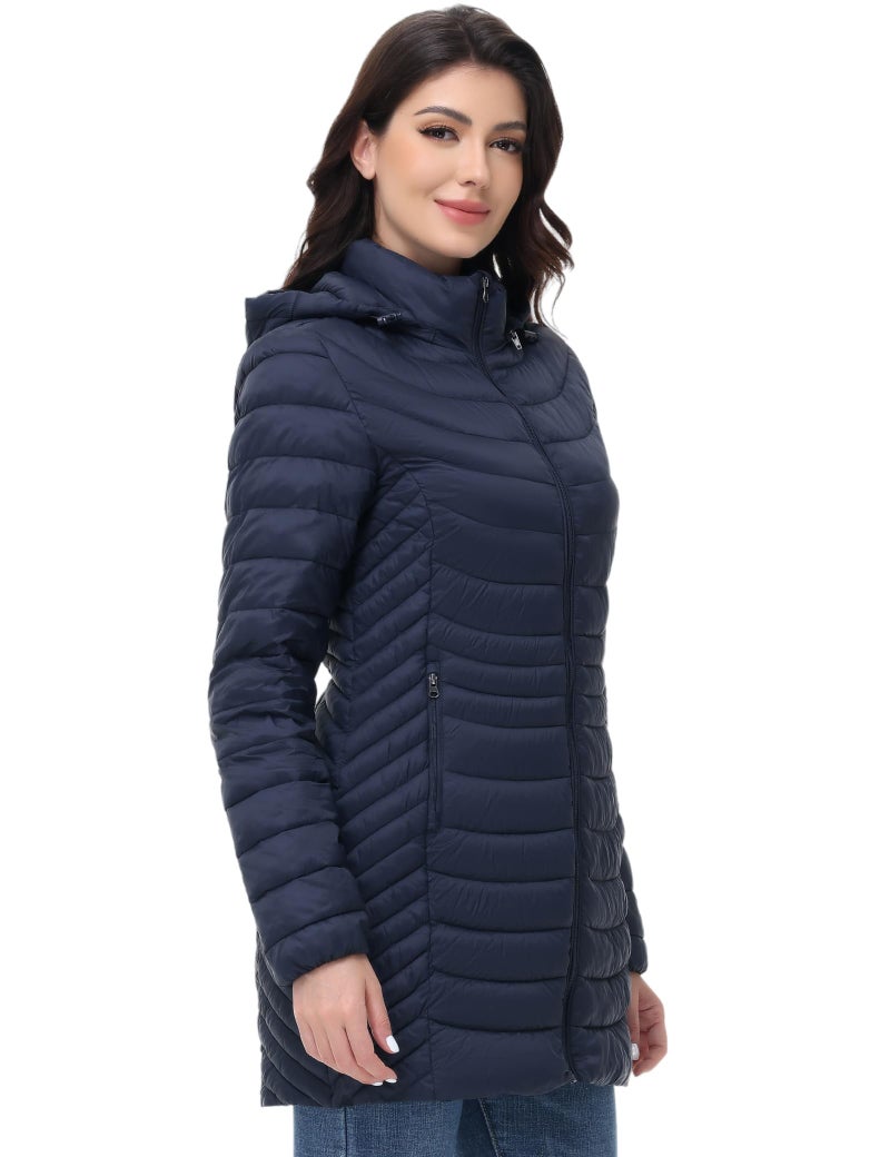 MIDNIGHTSUN Women’s Packable Puffer Jacket Lightweight Puffer Coat Mid-length Hooded Warm Winter Puffy Jacket (Navy, L) - Image 2