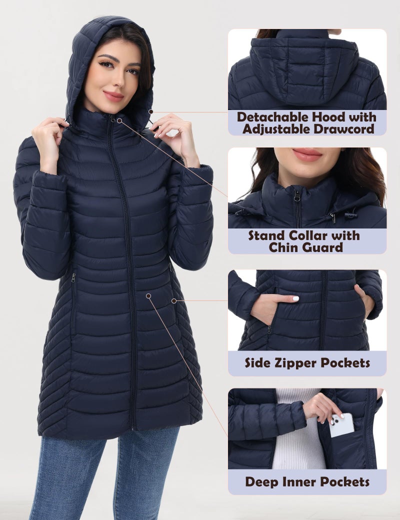 MIDNIGHTSUN Women’s Packable Puffer Jacket Lightweight Puffer Coat Mid-length Hooded Warm Winter Puffy Jacket (Navy, L) - Image 4