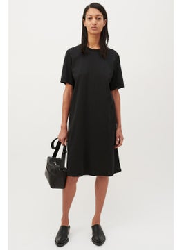 Rock&Roll Plain, Unprinted Black Crew Neck Short Sleeve Above Knee Mid Length Combed Cotton Dress  - Image 1