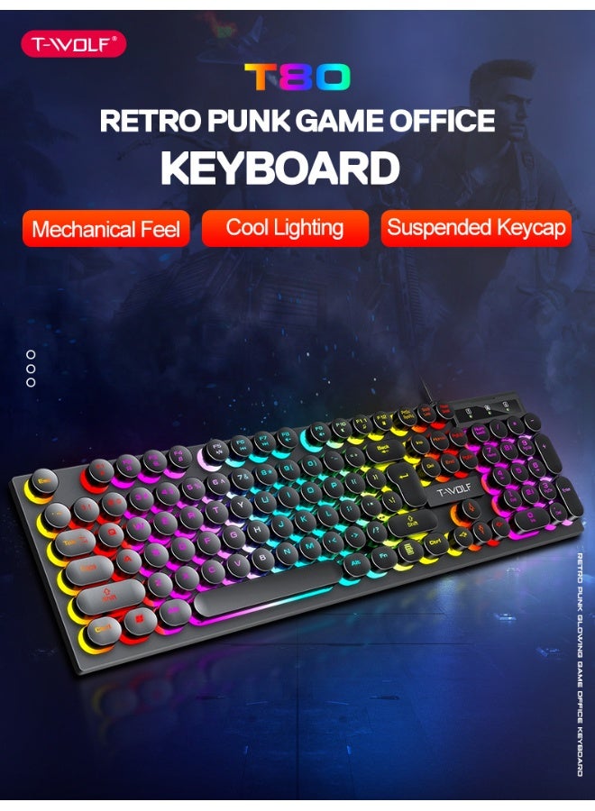 T-WOLF T80 Gaming Keyboard - Illuminated Retro Round Keycap Wired E-Sports Keyboard - Image 3