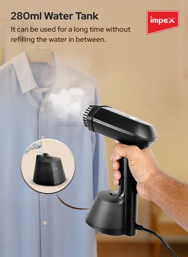 Impex Handheld Garment Steamer | Portable Steam Iron for Clothes | Clothes Steamer with Powerful Burst Steam | 20-Seconds Fast Heat-Up Wrinkle Remover | Stainless Steel Soleplate | Detachable Brush | Overheat Protection | 1640 Watts | GSM6015 360 ml 1640 W GSM6015 Black - Image 4