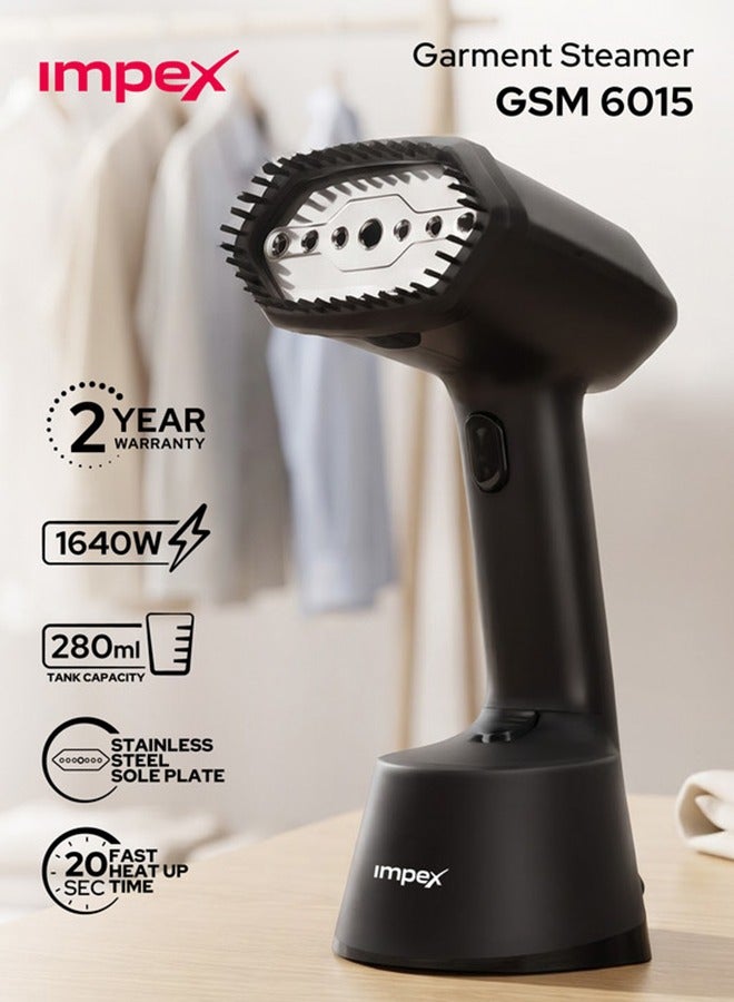Impex Handheld Garment Steamer | Portable Steam Iron for Clothes | Clothes Steamer with Powerful Burst Steam | 20-Seconds Fast Heat-Up Wrinkle Remover | Stainless Steel Soleplate | Detachable Brush | Overheat Protection | 1640 Watts | GSM6015 280 ml 1640 W GSM6015 Black - Image 1