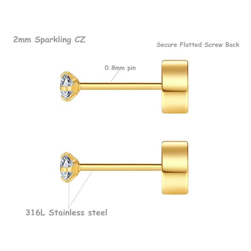 FOSIR 2mm Tiny Hypoallergenic Flat Back Earrings for Women Men 14K Gold Plated Stainless Steel Stud Earrings Cubic Zirconia Studs Cartilage Earrings for Sensitive Ears - Image 2