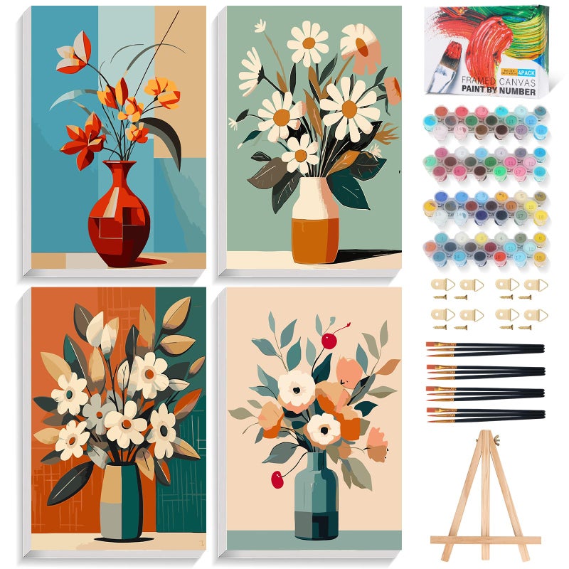 Offito 4 Pack Framed Paint by Numbers Kit for Adults Beginners with Wooden Easel, Flowers Easy Paint by Number Kit with Frame, Watercolor Adult Paint by Number Framed Canvas (8 * 12 Inch) - Image 1