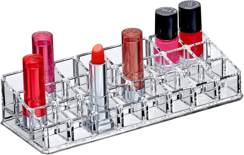 Inditradition 24 Slot Acrylic Lipstick Organizer For Lipgloss Nail Polish and Nail Paint Bottle Storage Transparent 9 x 36 x 2 Inches - Image 1