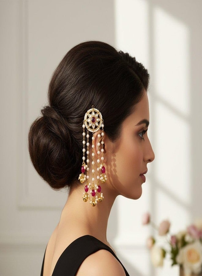 ORYNTH Indian Bridal Hair Clip Gold Tone with Pearl Chain Tassels and Red Stone, Traditional Wedding Hair Brooch for Women, Ethnic Hair for Bride, Festival, Dance, Party and Cultural - Image 3