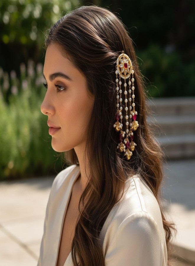 ORYNTH Indian Bridal Hair Clip Gold Tone with Pearl Chain Tassels and Red Stone, Traditional Wedding Hair Brooch for Women, Ethnic Hair for Bride, Festival, Dance, Party and Cultural - Image 5