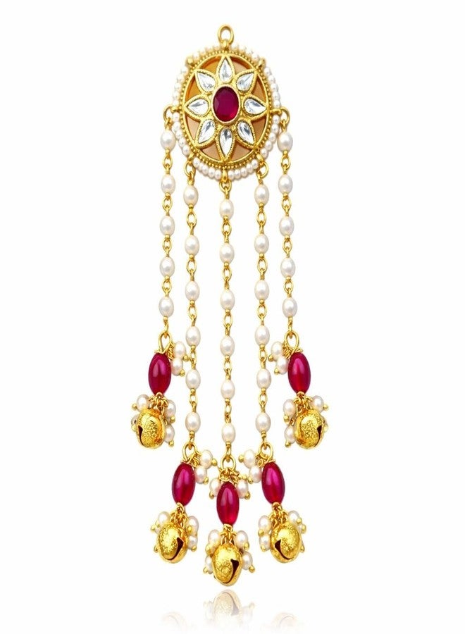 ORYNTH Indian Bridal Hair Clip Gold Tone with Pearl Chain Tassels and Red Stone, Traditional Wedding Hair Brooch for Women, Ethnic Hair for Bride, Festival, Dance, Party and Cultural - Image 1