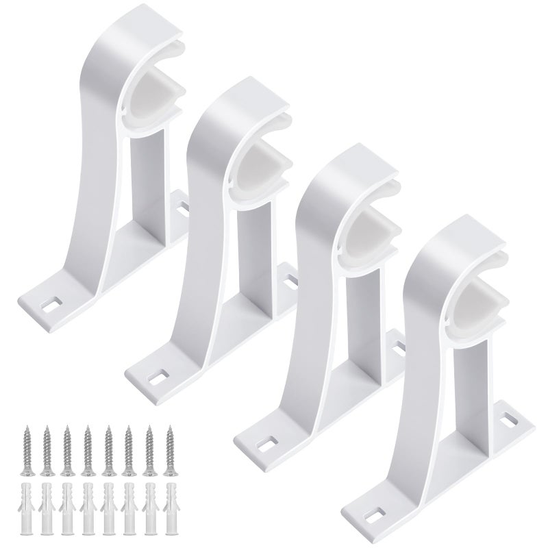 KOLAKO Curtain Rod Brackets Set of 4 White Heavy Duty Single Rod Holders with Screws Fits 1 Inch Rods