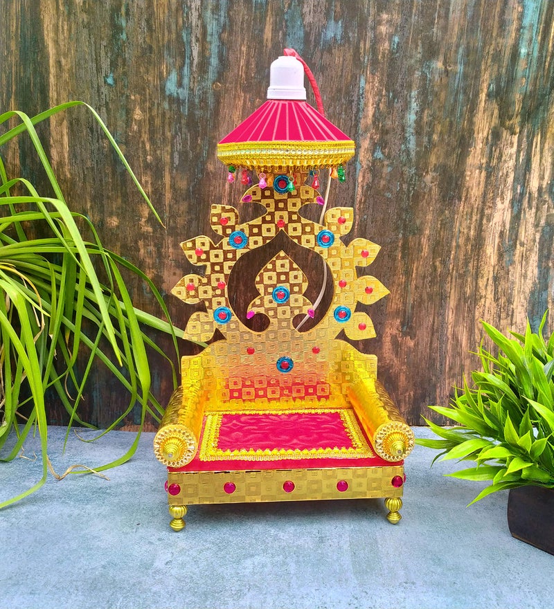 SHINDE EXPORTS Wooden Singhasan Throne with Umbrella/chatra and Light for god laddu Gopal Lord Thakur Pooja (13 inches) - Image 1