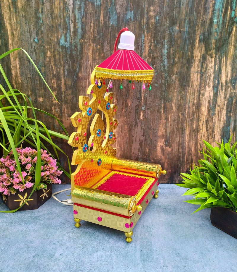 SHINDE EXPORTS Wooden Singhasan Throne with Umbrella/chatra and Light for god laddu Gopal Lord Thakur Pooja (13 inches) - Image 2