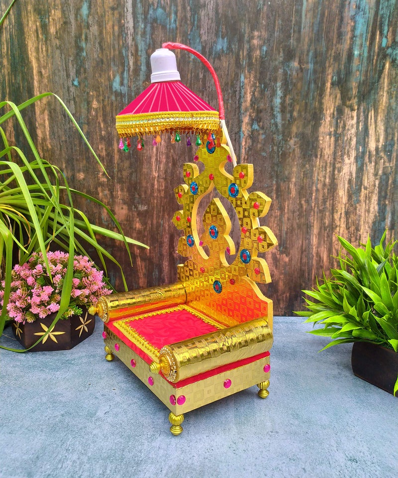 SHINDE EXPORTS Wooden Singhasan Throne with Umbrella/chatra and Light for god laddu Gopal Lord Thakur Pooja (13 inches) - Image 3