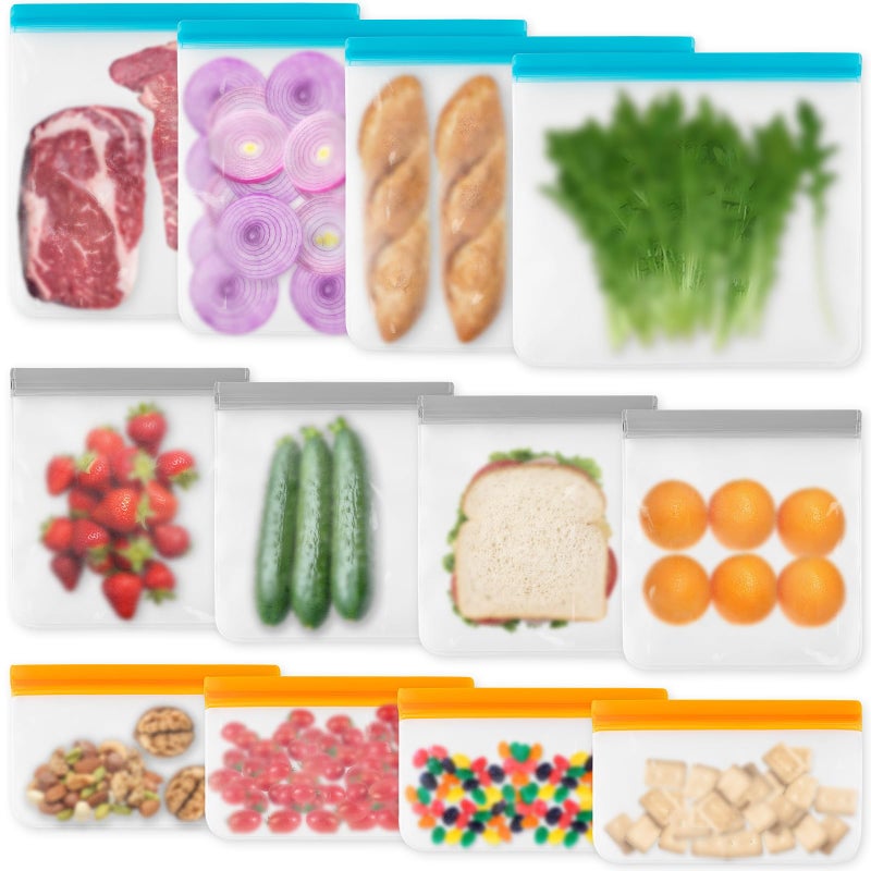 VUEKYN 12 Pack Reusable Freezer Bags Dishwasher Safe, Leakproof Food Storage Bags, Silicone Bags for Food Storage Home Organization (4 Reusable Snack Bags 4 Sandwich Bags 4 Gallon Freezer Bags) - Image 1