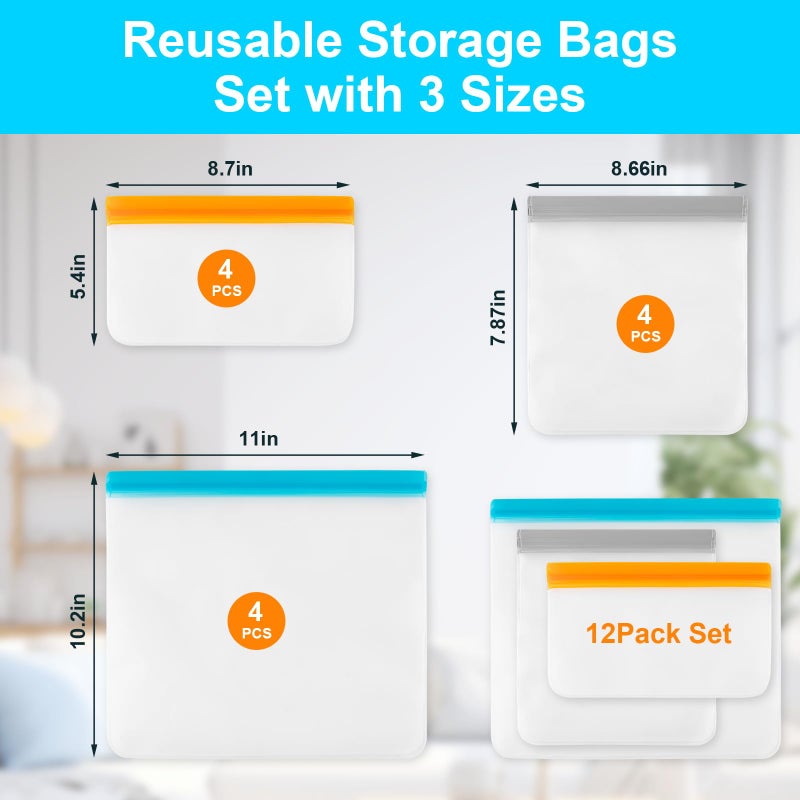 VUEKYN 12 Pack Reusable Freezer Bags Dishwasher Safe, Leakproof Food Storage Bags, Silicone Bags for Food Storage Home Organization (4 Reusable Snack Bags 4 Sandwich Bags 4 Gallon Freezer Bags) - Image 2