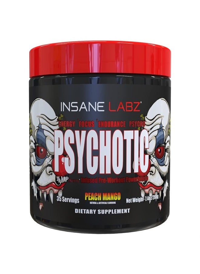 Insane labz Psychotic, High Stimulant Pre Workout Powder, Extreme Lasting Energy, Focus and Endurance with Beta Alanine, Creatine Monohydrate DMAE, 35 Srvgs (Peach Mango)  - Image 1