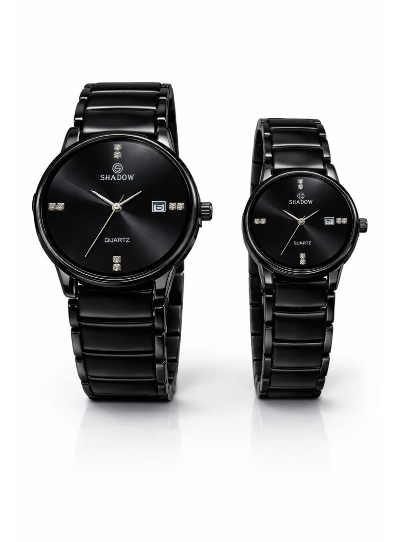 SHADOW Crimson Duo SD7113 Couple Wrist Watch Set for Men & Women, Quartz Analog, Black Dial, Black Plastic Strap, Date Display - Image 1