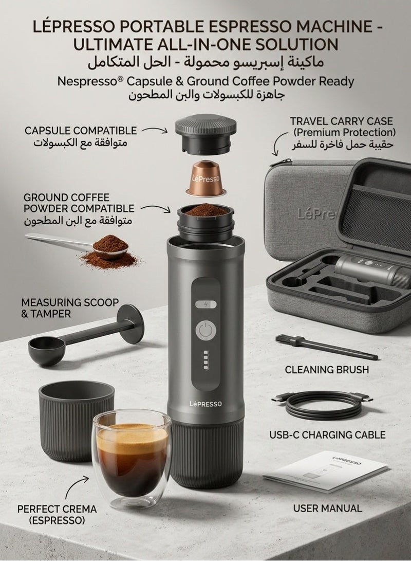 LePRESSO Portable 2-in-1 Espresso Maker with Capsule & Powder Compatibility / 20-Bar Pressure / Built-in Battery / Heating Function / Quick Brewing / Compact Size - Grey - Image 2