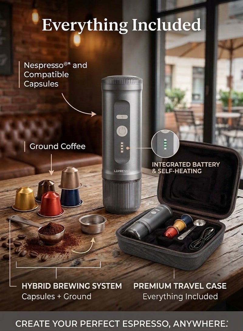 LePRESSO Portable 2-in-1 Espresso Maker with Capsule & Powder Compatibility / 20-Bar Pressure / Built-in Battery / Heating Function / Quick Brewing / Compact Size - Grey - Image 3