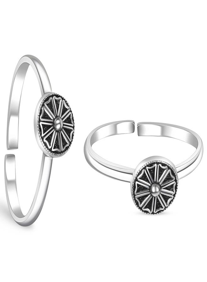Silver Chest 925 Sterling Silver Oxidized Round Flower Design Toe Ring/Bichhiya For Women - Set of 2 - Image 1