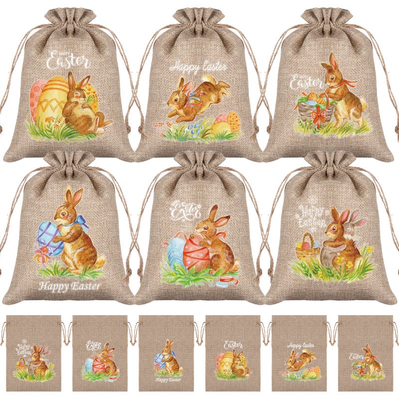 Whaline 24Pcs Easter burlap Gift Bag Linen Jute Drawstring Bag 59 x 79 Inch Easter Bunny Rabbit Gift Pouch Bag Rustic Hunt Bag for Party Favor DIY Craft