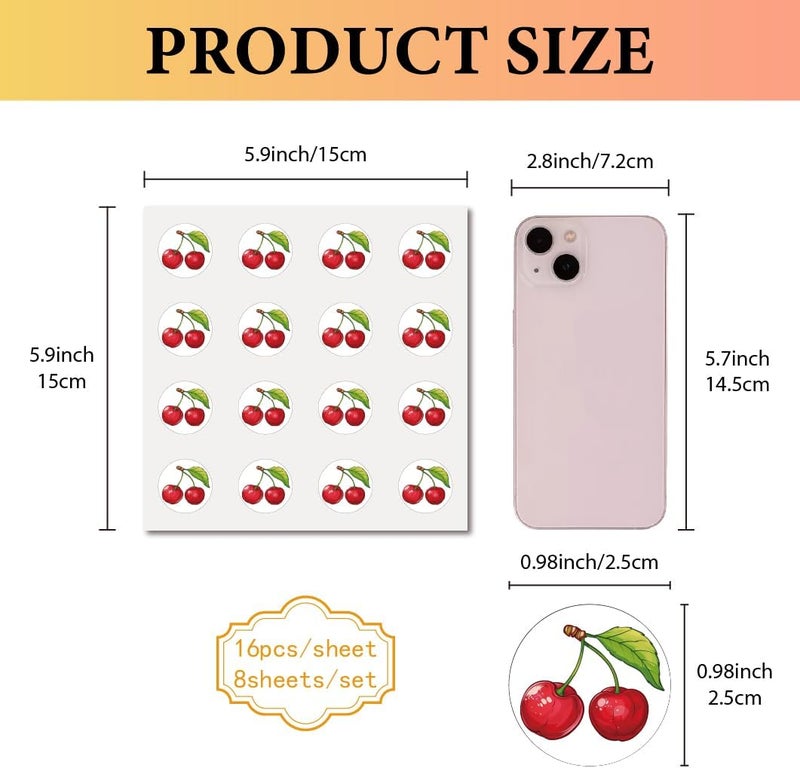 CREATCABIN 128Pcs Cherry Stickers Fruit Plastic Decal SelfAdhesive Waterproof Sticker Small Red Round Dot Bulk Cartoon Stickers for Art Craft Students Planner Classroom Water Bottle 25x25cm - Image 2