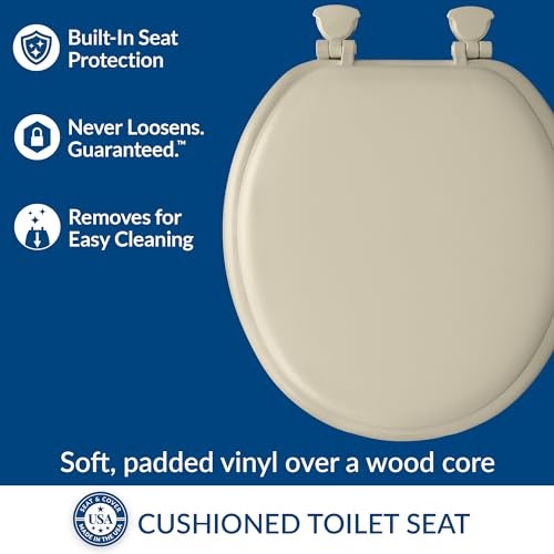 Mayfair Padded Toilet Seat, Cushioned Soft Vinyl over Wood Core Seat, Secure Hinges, Easy Clean, Round, Bone - Image 2