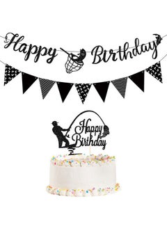 Tatuo 3 Pieces Fishing Birthday Banner Decoration Fisherman Cake Topper Triangle Banner Glitter Fishing Happy Birthday Cake Decoration For Men Boys Kids Black Go Fishing Theme Birthday Party Supplies  - Image 2