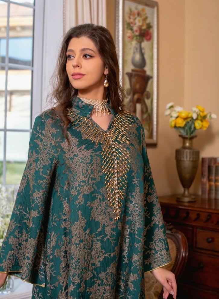 Loquat Ladies Luxury Nail Bead Robe Embroidered Jacquard Dress Muslim Abaya Evening Dress Green  - Image 2
